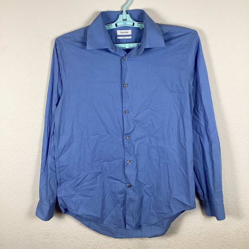 Calvin Klein Mens Button Up Shirt Sz 16 34-35 Long Sleeve Slim Fit Blue Good